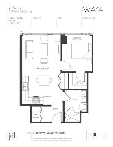 Floor plan for 1 bed, 1 bath, 698 sqft