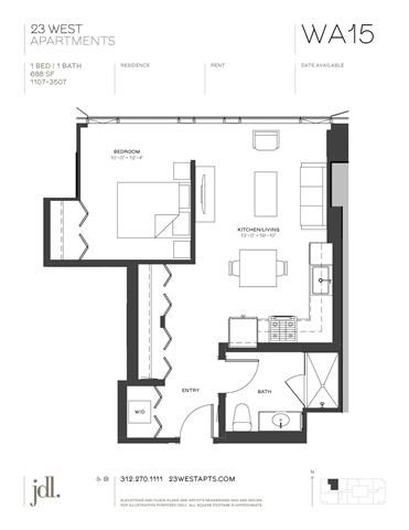Floor plan for 1 bed, 1 bath, 688 sqft