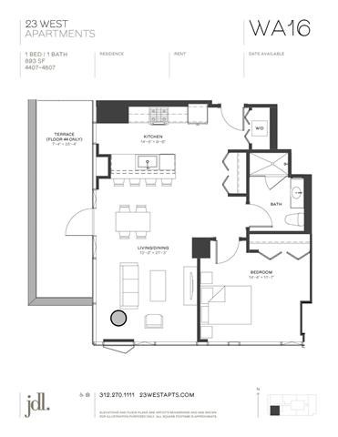 Floor plan for 1 bed, 1 bath, 893 sqft