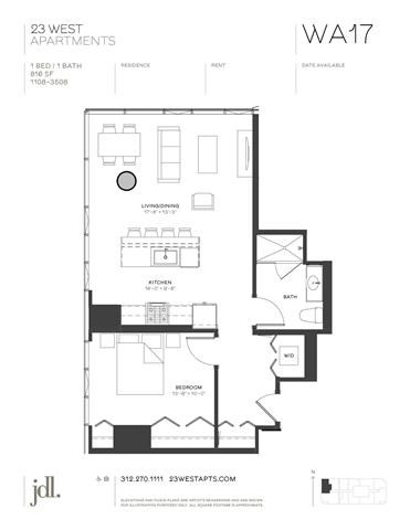 Floor plan for 1 bed, 1 bath, 816 sqft
