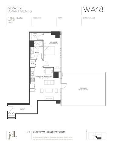 Floor plan for 1 bed, 1 bath, 986 sqft