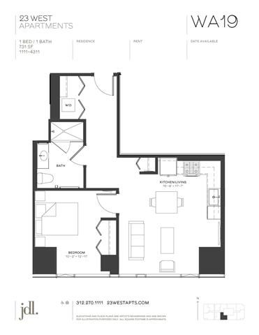 Floor plan for 1 bed, 1 bath, 731 sqft