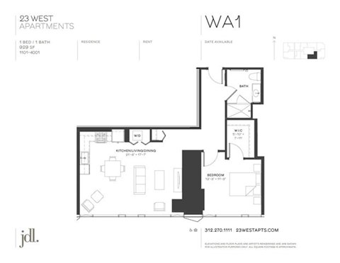 Floor plan for 1 bed, 1 bath, 929 sqft