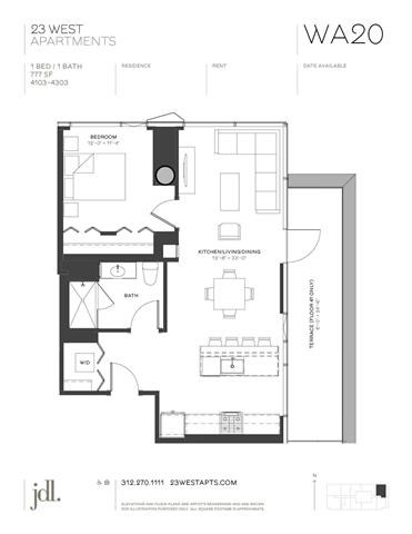 Floor plan for 1 bed, 1 bath, 777 sqft