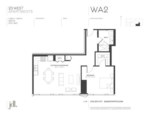 Floor plan for 1 bed, 1 bath, 929 sqft