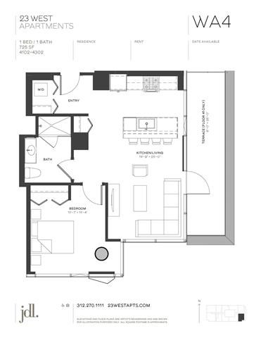 Floor plan for 1 bed, 1 bath, 725 sqft