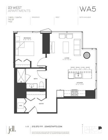 Floor plan for 1 bed, 1 bath, 743 sqft