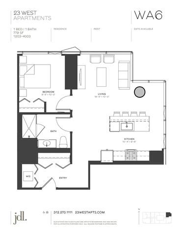 Floor plan for 1 bed, 1 bath, 779 sqft