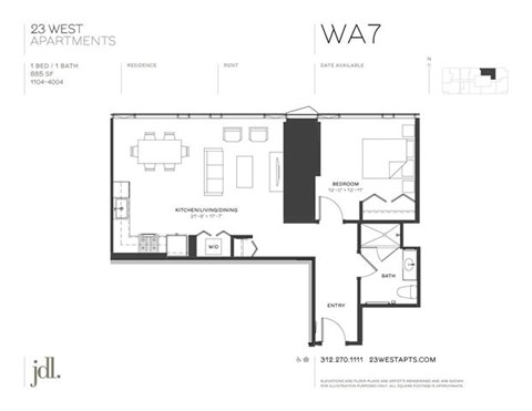 Floor plan for 1 bed, 1 bath, 885 sqft