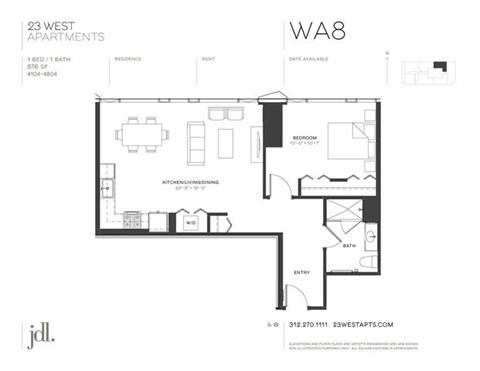 Floor plan for 1 bed, 1 bath, 876 sqft