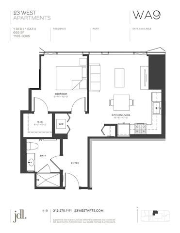 Floor plan for 1 bed, 1 bath, 693 sqft