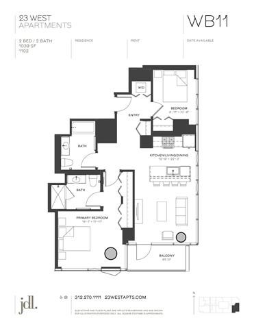 Floor plan for 2 beds, 1 bath, 1039 sqft