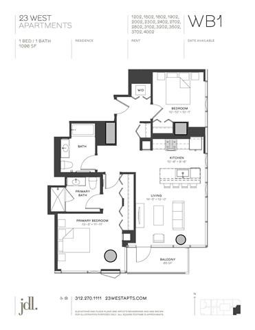 Floor plan for 2 beds, 2 baths, 1096 sqft