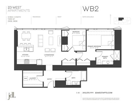 Floor plan for 2 beds, 2 baths, 1353 sqft