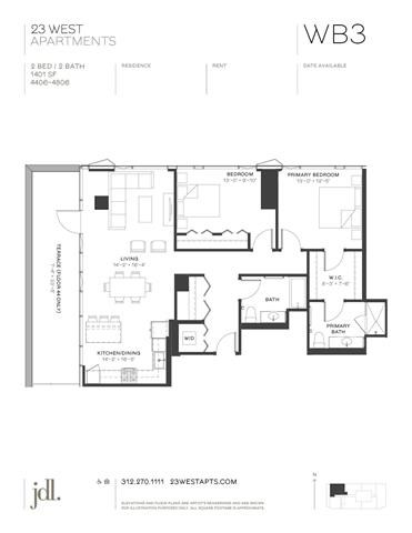 Floor plan for 2 beds, 2 baths, 1401 sqft