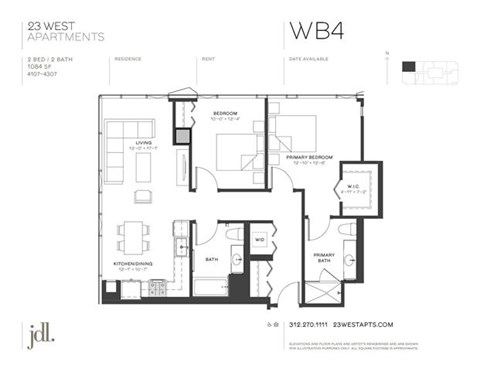 Floor plan for 2 beds, 2 baths, 1084 sqft