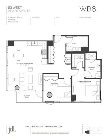 Floor plan for 2 beds, 2 baths, 1259 sqft