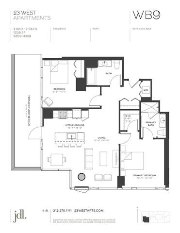 Floor plan for 2 beds, 2 baths, 1238 sqft