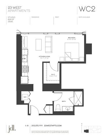 Floor plan for 1 bed, 1 bath, 624 sqft