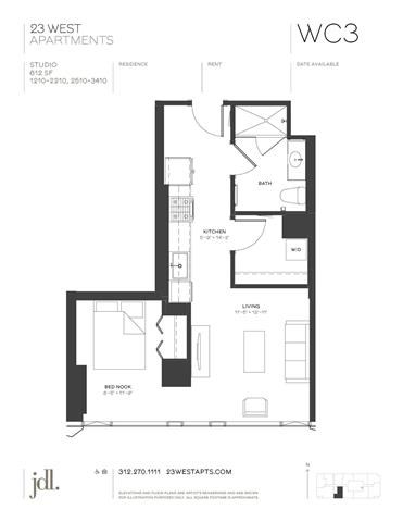 Floor plan for 1 bed, 1 bath, 612 sqft