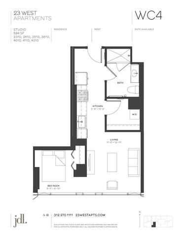 Floor plan for 1 bed, 1 bath, 594 sqft