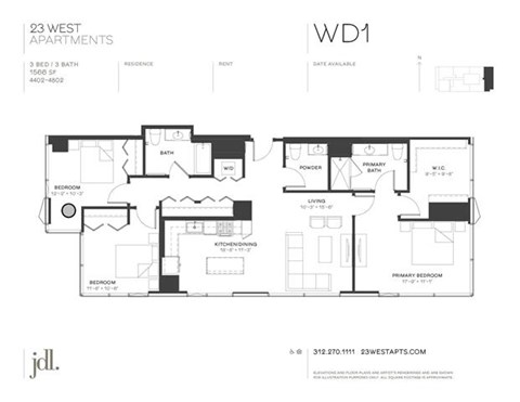Floor plan for 3 beds, 2.5 baths, 1566 sqft