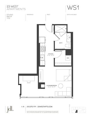 Floor plan for studio, 1 bath, 582 sqft