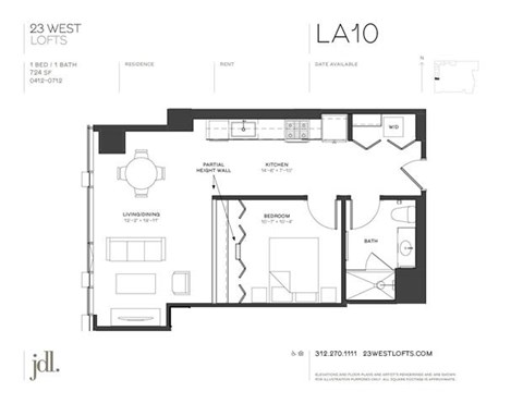 Floor plan for 1 bed, 1 bath, 724 sqft