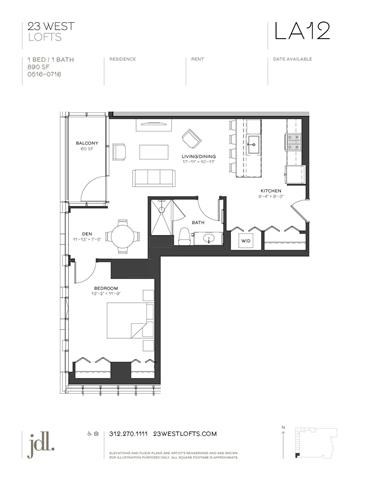 Floor plan for 1 bed, 1 bath, 890 sqft