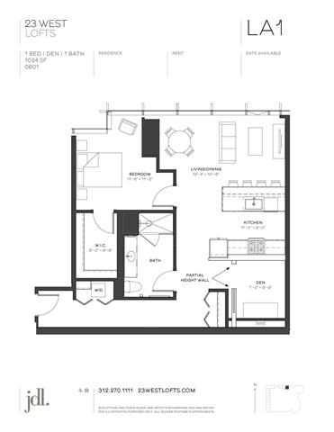 Floor plan for 1 bed, 1 bath, 1024 sqft