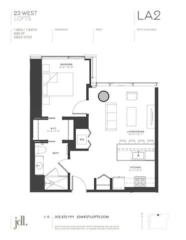 Floor plan for 1 bed, 1 bath, 695 sqft