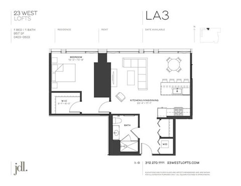 Floor plan for 1 bed, 1 bath, 957 sqft