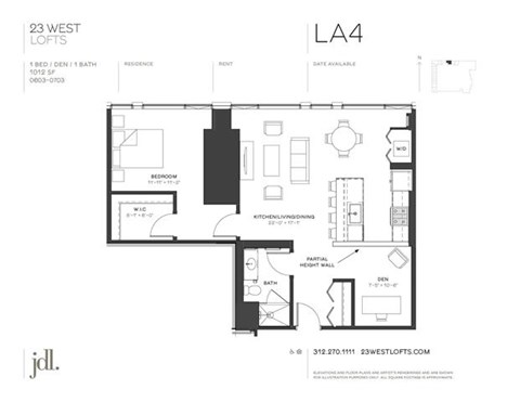 Floor plan for 1 bed, 1 bath, 1012 sqft