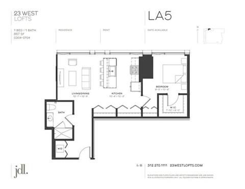 Floor plan for 1 bed, 1 bath, 857 sqft