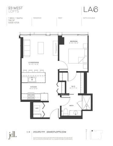 Floor plan for 1 bed, 1 bath, 740 sqft