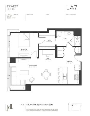 Floor plan for 1 bed, 1 bath, 901 sqft