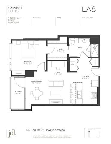 Floor plan for 1 bed, 1 bath, 825 sqft