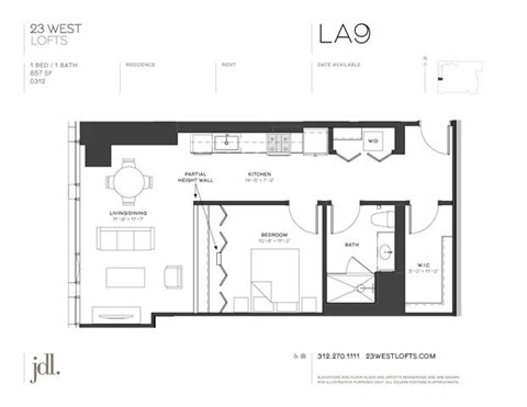 Floor plan for 1 bed, 1 bath, 857 sqft