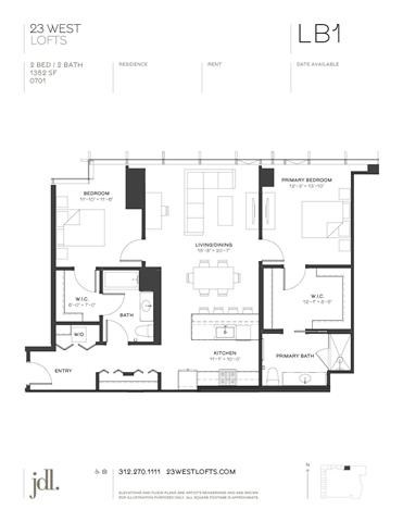 Floor plan for 2 beds, 2 baths, 1352 sqft