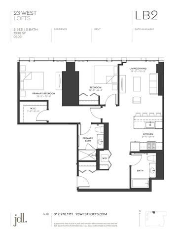 Floor plan for 2 beds, 2 baths, 1239 sqft