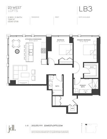 Floor plan for 2 beds, 2 baths, 1344 sqft