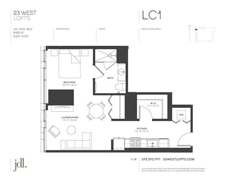 Floor plan for 1 bed, 1 bath, 649 sqft