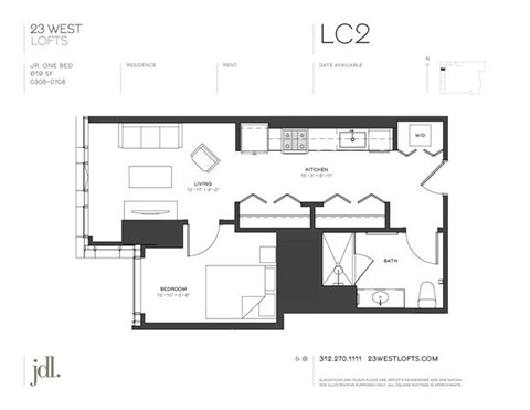 Floor plan for 1 bed, 1 bath, 619 sqft