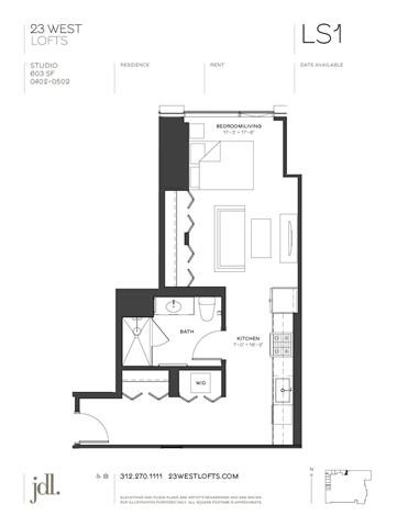 Floor plan for studio, 1 bath, 603 sqft