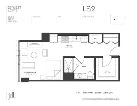 Floor plan for 1 bed, 1 bath, 525 sqft