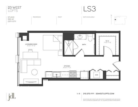 Floor plan for studio, 1 bath, 553 sqft