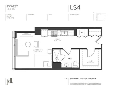 Floor plan for studio, 1 bath, 534 sqft