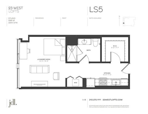 Floor plan for studio, 1 bath, 588 sqft