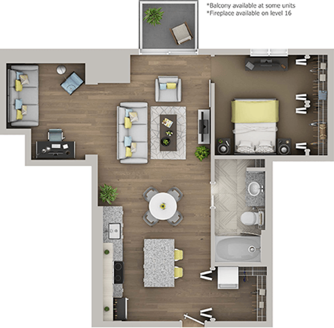 Floor plan for 1 bed, 1 bath, 731 sqft