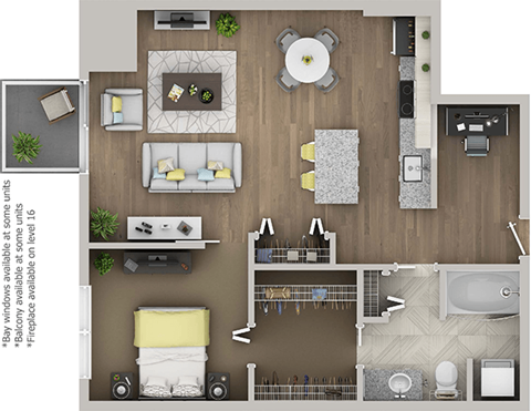 Floor plan for 1 bed, 1 bath, 791 sqft